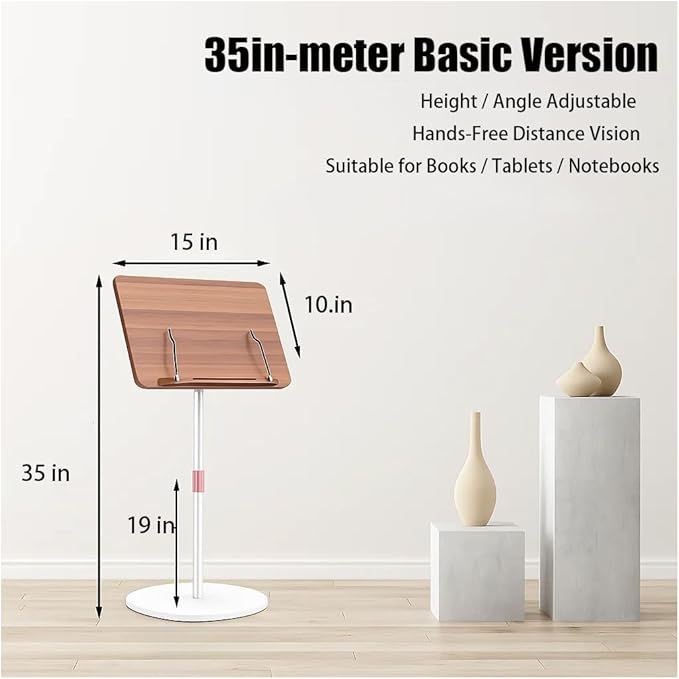 Adjustable Standing Book Stand,Book Reading Stands,Wood Music Sheet，Podium& Bible& Cookbooks Display Stands.Goodbye to Head Down Fatigue Adjustable Viewing Angle (White, 35in)