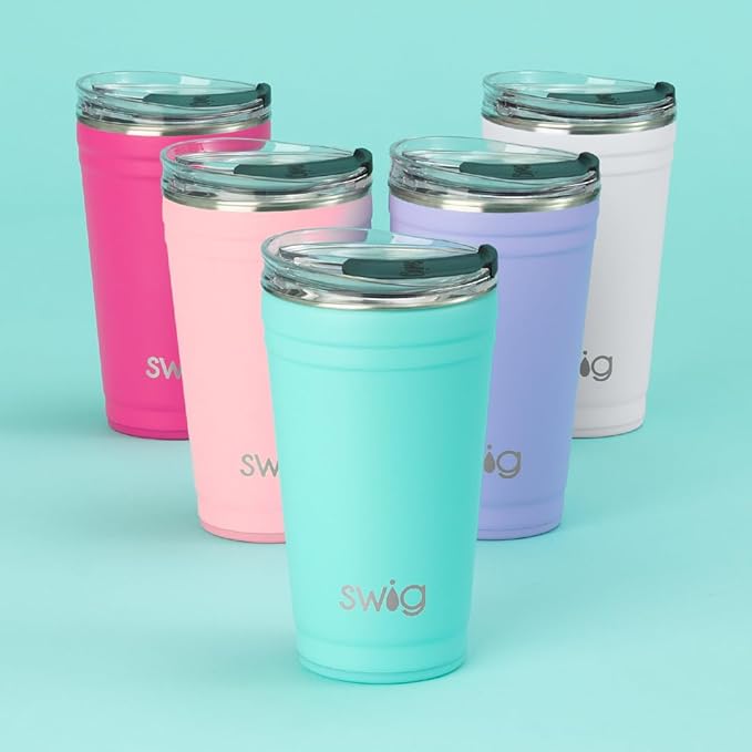 Swig Life 24oz Party Cup, Stackable Insulated Travel Coffee Tumbler with EZ Slider Lid, Cup Holder Friendly, Stainless Steel 24 oz Tumbler, Reusable Coffee Mug (Hydrangea)