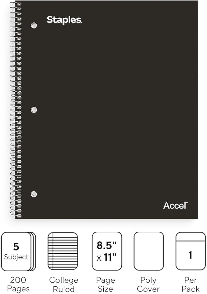 TRU RED 5‑Subject Notebook, 8.5” x 11”, College Ruled, Black