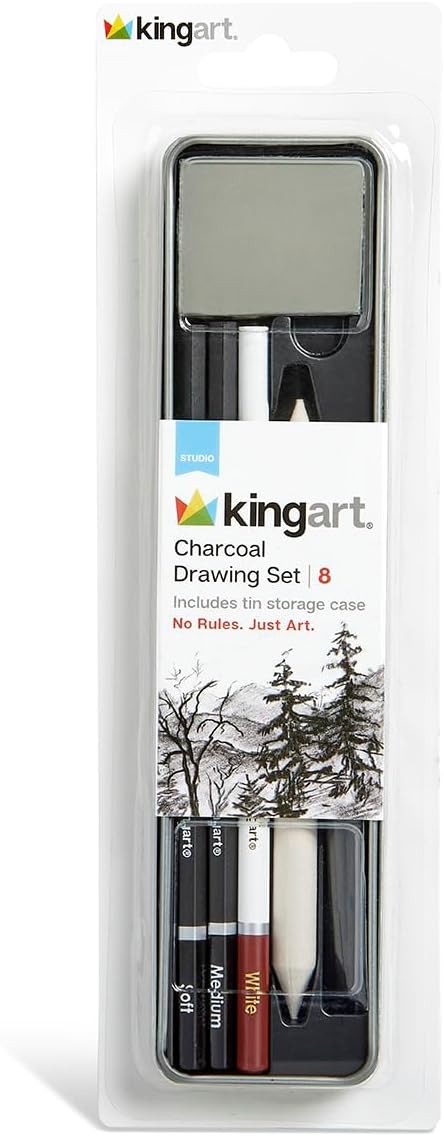 KINGART 8-Piece Charcoal Drawing and Sketching Set with Metal Tin – Includes Soft & Medium Charcoal Pencils, White Pastel Pencil, Blending Stump & Kneaded Eraser