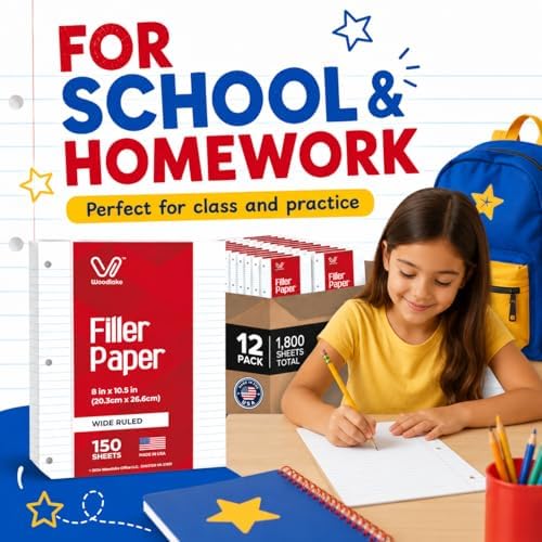 Woodlake Loose Leaf Paper Bulk, Wide Ruled Notebook Paper, 8 x 10.5 Inch Filler Paper, 3-Hole Punched Lined Binder Paper, 60 GSM, 150 Sheets/Pack, 1,800 Sheets Total, Made in USA for School & Office