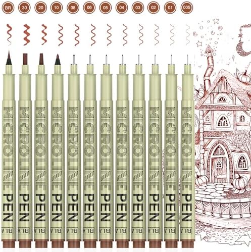 KERIFI Sepia Micro Pen Set, 12 Assorted Sizes Fineliner Ink Art Drawing Pens, Water-Resistant Archival Ink Multiliner Pens for Illustration Technical Sketching Manga Scrapbooking Journaling Zentangle