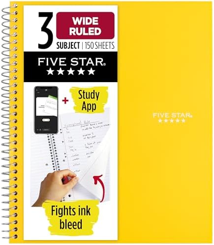 Five Star Spiral Notebook + Study App, 3 Subject, Wide Ruled Paper, 8" x 10-1/2", 150 Sheets, Fights Ink Bleed, Water Resistant Cover, Harvest Yellow (73463)