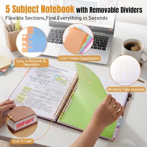 5 Subject Notebook College Ruled, Hardcover Leather Spiral Notebook Journal