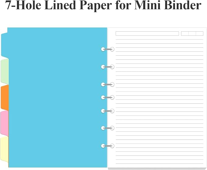 7-Hole Lined Paper Refills for Mini Binder - 100 Sheets/200 Pages 7 Ring Loose Leaf Lined Paper with Binder Dividers, 5.8" x 8.5"