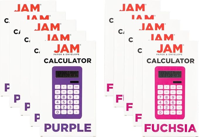 JAM PAPER Desktop Calculator - 10 Digit LCD Display - 3 3/4 x 6 3/4 Inches - Pink & Purple Combo - Bulk 10/Pack