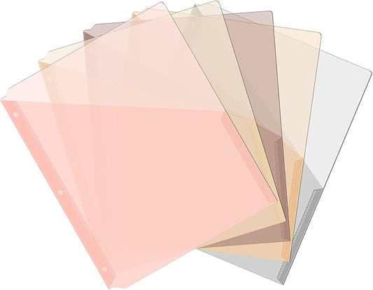 Maitys 5 Pack Binder Pockets 3 Hole Punch Clear Plastic Document Folders Binder Organizer Store Letter Size 8.5 x 11 Inch Paper Folders with Pockets Slash File Jacket for Office (Vintage Color)