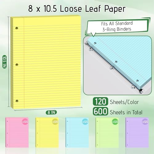 600 Sheets Colored Loose Leaf Paper, 8 x 10.5 In College Ruled Filler Paper