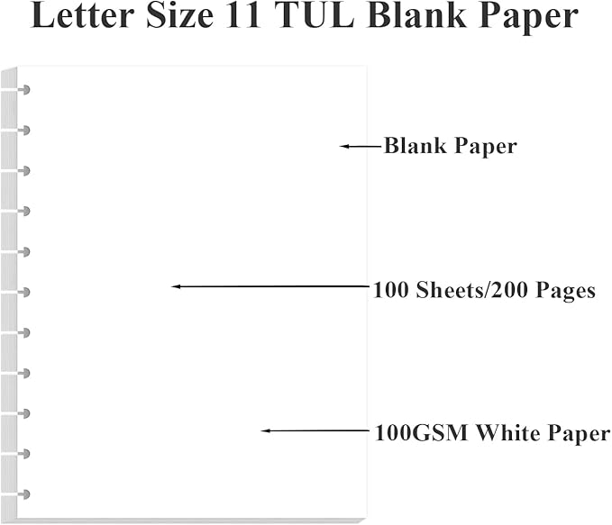 Letter Size Blank Refill Paper, 11-Disc Discbound Blank Paper, 100Sheets / 200Pages TUL Blank Filler Paper, 100gsm White Paper, 8.5'' x 11''
