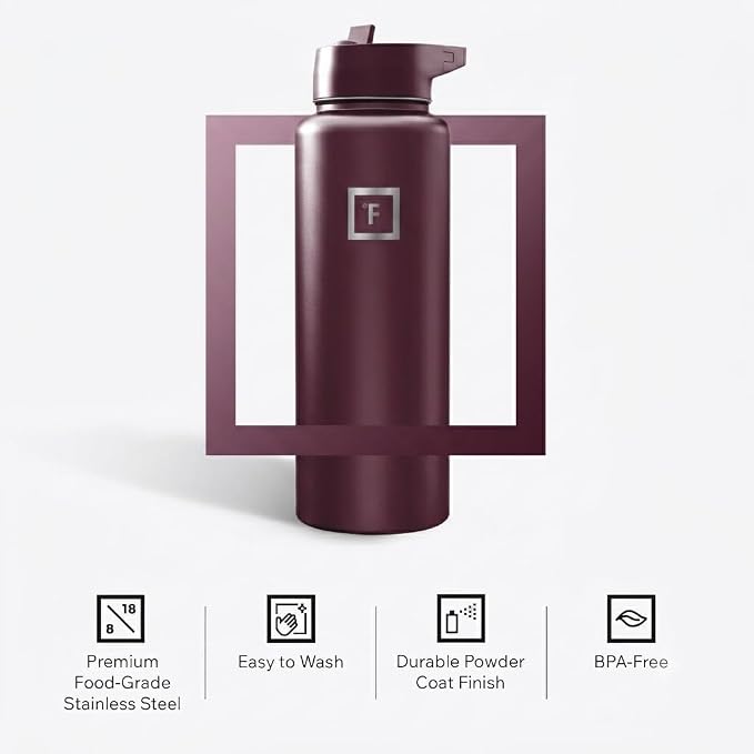 IRON °FLASK 40 oz Wide Mouth Water Bottle with Straw | Insulated Stainless Steel Sports Water Bottle with Leakproof Straw Lid - BPA Free, Cold 24 Hrs, Sweat Free (Burgundy)