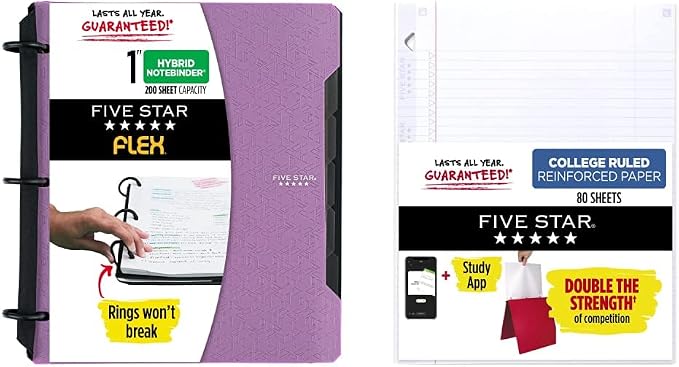 Five Star Flex Hybrid NoteBinder, 1” Binder with Tabs, Notebook and 3-Ring Binder All-in-One, Purple and Five Star Loose Leaf Reinforced Filler Paper, 3 Hole Punched, College Ruled, 80 Sheets
