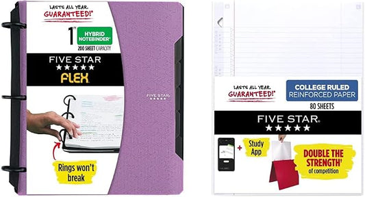 Five Star Flex Hybrid NoteBinder, 1” Binder with Tabs, Notebook and 3-Ring Binder All-in-One, Purple and Five Star Loose Leaf Reinforced Filler Paper, 3 Hole Punched, College Ruled, 80 Sheets
