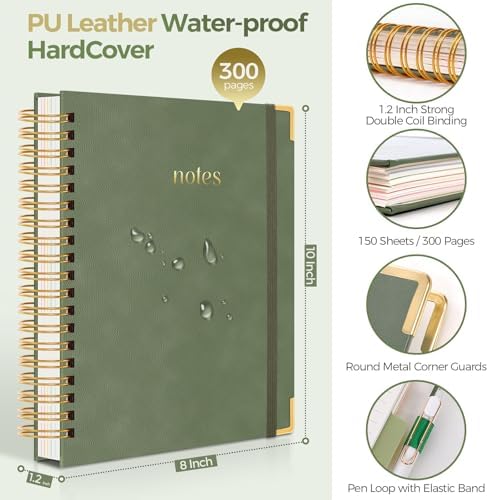 SKYDUE 5 Subject Notebook with Dividers and Tabs, 8" x 10" College Ruled Notebook for Work, 300 Pages Spiral Journal for Women, Green