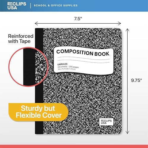 E-CLIPS USA Composition Notebooks, Unruled Composition Notebook, Hard Cover Marble Composition Notebook, 100 sheets, 9.75″ x 7.25″ (24)