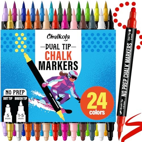 Chalkola 24 Chalk Markers for Blackboard, Chalkboard - Dual Tip Dot + Brush