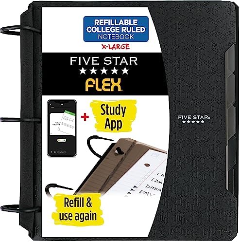 Five Star Flex Refillable Notebook + Study App, College Ruled Paper and 1-1/2 Inch TechLock Ring Binder with Pockets, Tabs and Dividers, 300 Sheet Capacity, Black (29324AA2)