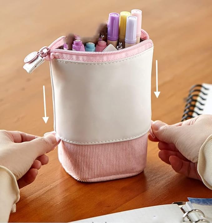 Telescopic Pencil Bag Pen Holder Stationery Case, PU Corduroy Stand-up Retractable Transformer Bag Colorful Organizer, Great for Christmas Holiday (Blue)