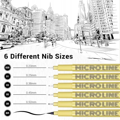KERIFI Fineliner Ink Pens, Black Micro Fine Point Drawing Pens Waterproof Archival Ink Multiliner Pens for Artist Illustration, Sketching, Technical Drawing, Zentangle, Scrapbooking (6 Assorted Nib)