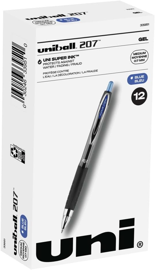 uni-ball 207 Retractable Gel Pens Medium Point, 0.7mm, Blue, 12 Pack