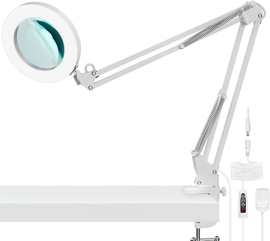 YOUKOYI LED Magnifying Lamp Metal Swing Arm Magnifier Lamp -10 Levels Brightness, 3 Color Modes, 5X Magnification, 4.1" Diameter Glass Lens, Adjustable Industrial Clamp for Reading/Office/Work (White)
