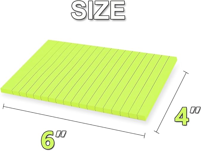 (12 Pack) Lined Sticky Notes 4x6 in,Bright Green Large Notepads with Lines,Ruled Stickies Super Sticking Power,Office School Memo Note Pads,Post on Windows Doors,Recyclable,Easy to Write on