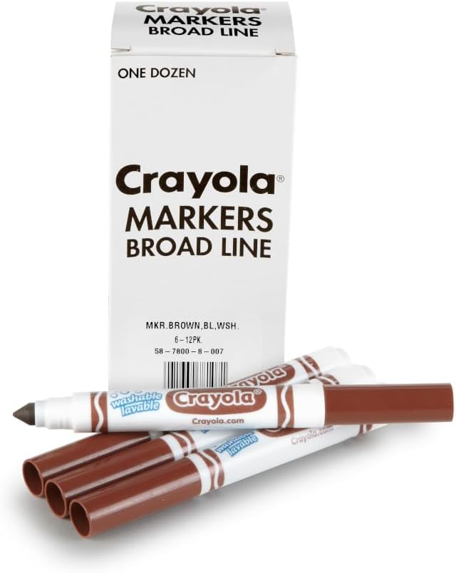 Crayola Broad Line Washable Markers, Broad Bullet Tip, Brown, 12/Box