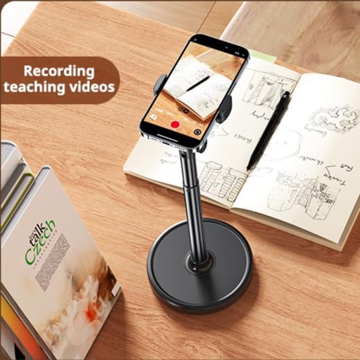 Height Adjustable Phone Stand for Desk, Retractable Desktop Phone Holder, 180° Flip & 360° Rotation Design，Compatible with iPhone/Android Devices,Ideal for Live Streaming and Video Recording (White)