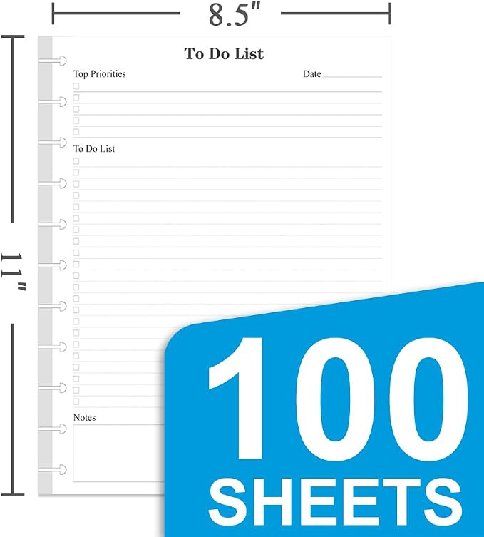 Letter Size TUL Discbound To Do List Refills, 11 Disc Daily Planner Insert, 100Sheets / 200Pages To Do Paper, 100gsm White Paper, 8.5'' x 11''