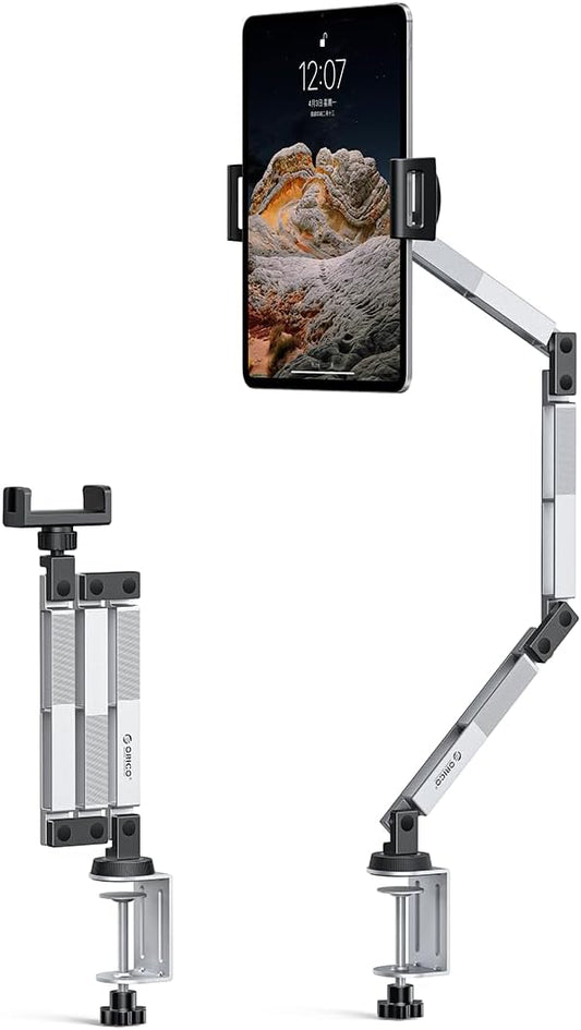 ORICO Tablet Mount, 360° Adjustable Tablet Stand Holder for iPad, Foldable Aluminum Arms, Ergonomic Viewing for Standing Desk & Nightstand, Fits 4.7"-12.9" Tablets & Phones - RA1, Silver
