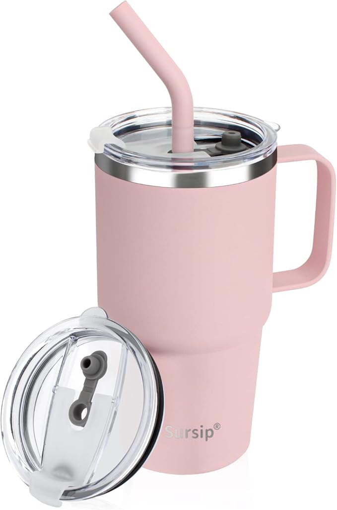 Sursip Insulated Coffee Mug with Handle and Lid, 24 oz Double Wall Vacuum Travel Thermal Coffee Tumbler with Straw for Home, Office Stainless Steel Coffee Cup - Leak proof, BPA Free (Pink-1 Pack)