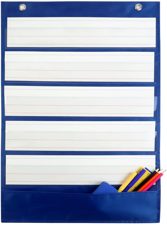 Mewise Pocket Chart with 10 Double Sided Sentence Strips, Activities, Class Demonstrations, Standards Pocket Chart, 420D Polyester, Blue