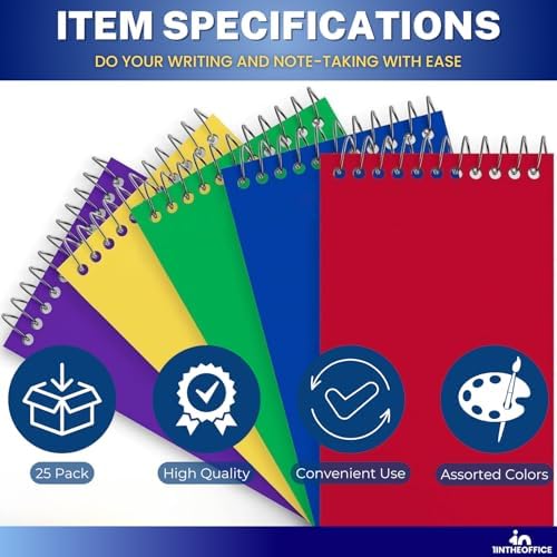 1InTheOffice Wirebound Spiral Memo Books, Memo Pads, 3" x 5", College Ruled, Small Notepad 3x5, Assorted, 75 Sheets/Pad, 25 Pads/Pack