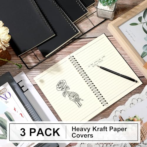 Yahenda 3 Pcs Spiral Notebooks, 1 Subject, Wide Ruled, Black