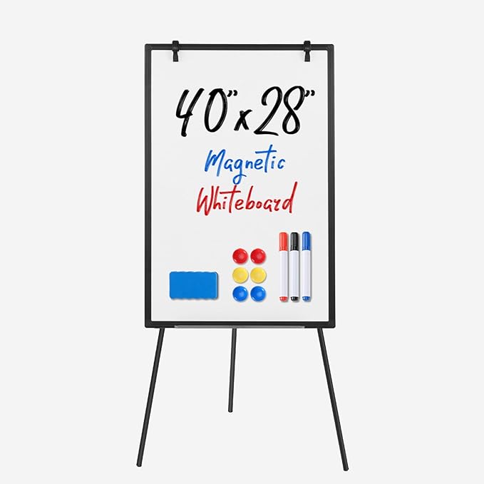 OLIXIS 40" x 28" Magnetic White Board with Stand, Standing Dry Erase Board, Whiteboard with 1 Dry Eraser & 2 Multicolor Markers & 4 Magnetic Pins, Aluminium Frame for Home, School, Office, Black