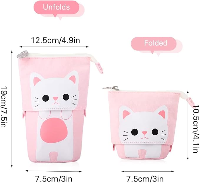 iSuperb Standing Pencil Pouch Pencil Case Cute Cat Telescopic with Zipper Canvas Kwaii Cartoon Pencil Bag Stationery Box for Kids Girls Boys School Supplies 7.5 x 4.9 x 3.0inch/4.1x 3.0inch