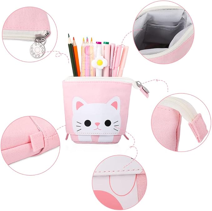 iSuperb Standing Pencil Pouch Pencil Case Cute Cat Telescopic with Zipper Canvas Kwaii Cartoon Pencil Bag Stationery Box for Kids Girls Boys School Supplies 7.5 x 4.9 x 3.0inch/4.1x 3.0inch