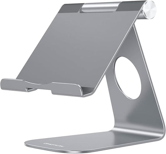 OMOTON Tablet Stand Holder Adjustable, T1 Desktop Aluminum Tablet Dock Cradle Compatible with iPad Air/Mini, iPad 10.2/9.7, iPad Pro 11/12.9, Samsung Tab and More, Grey
