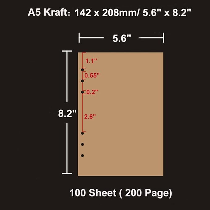 A5 Kraft Refill Paper 6 Hole Punched Filler Paper Refills for A5 Loose Leaf Notebook Travel Journal Personal Diary Planner Binder Scrapbook, 80 Sheet, 160 Page, 5.6 Inches x 8.2 Inches