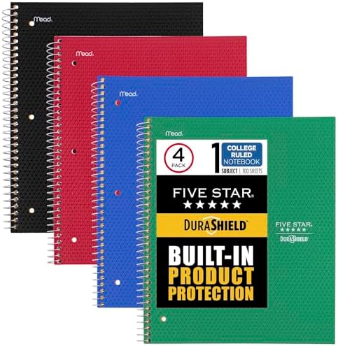 Five Star DuraShield Notebooks with Antimicrobial Front Covers, 4 Pack, 1 Subject, College Ruled Paper, 11" x 8-1/2", 100 Sheets, Black, Red, Blue, Green (820029-ECM)