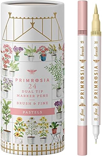Primrosia 24 Pastel Dual Tip Markers, Fine Tip and Brush Pens. Perfect for art, illustration, drawing, calligraphy and bullet journals