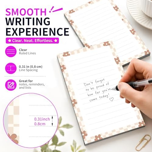 Lined Sticky Notes 4x6 in, 2 Pack Large Cute Notepads with Lines Self-Stick Note Pad, Funny Memo Pads Strong Adhesive for Office, Home Cute Plaid Flowers