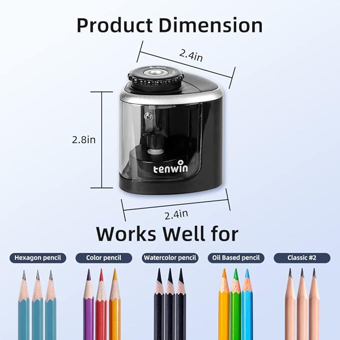 tenwin Electric Pencil Sharpener Battery Operated,Fast Sharpening, Suitable for NO.2/Drawing/Colored Pencils(6-8 mm), Office/School/Home, Portable Pencil Sharpener for Adults, Kids (Black)