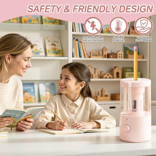 Deli Electric Pencil Sharpener, Fully Automatic Pencil Sharpener for 6.9-8mm No.2 & Colored Pencils, Auto in & Out, Rechargeable Hands-Free Sharpener for Classroom, Home, Office, Pink