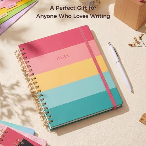 Hardcover Spiral Notebook Journal for Women & Men, Cute 5 Subject Notebook College Ruled for School & Work, Journaling Notebooks with Removable Dividers Tabs, 8" x 10", 300 Pages, Happy Stripes