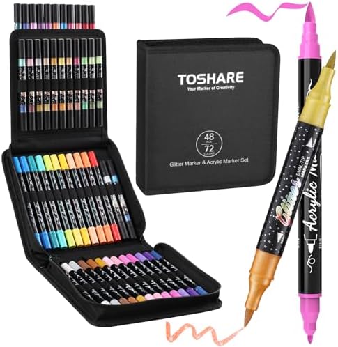 72 Colors 48 Pack Dual Tip Glitter Markers & Acrylic Markers Set-Brush&Fine
