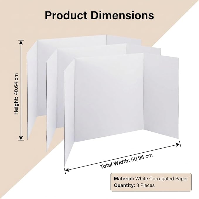 Trifold Poster Board, 24" x 16", White Corrugated Project Boards for Science Fairs, Event Displays, and Business Presentations, School Projects, 3-Pack