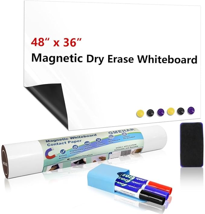 GMEHAR Magnetic Whiteboard Contact Paper, 48” x 36” Adhesive Dry Erase White Board for Wall,Peel and Stick Magnet Wallpaper for Home, Fridge, Kid’s Playroom, Office, Classroom