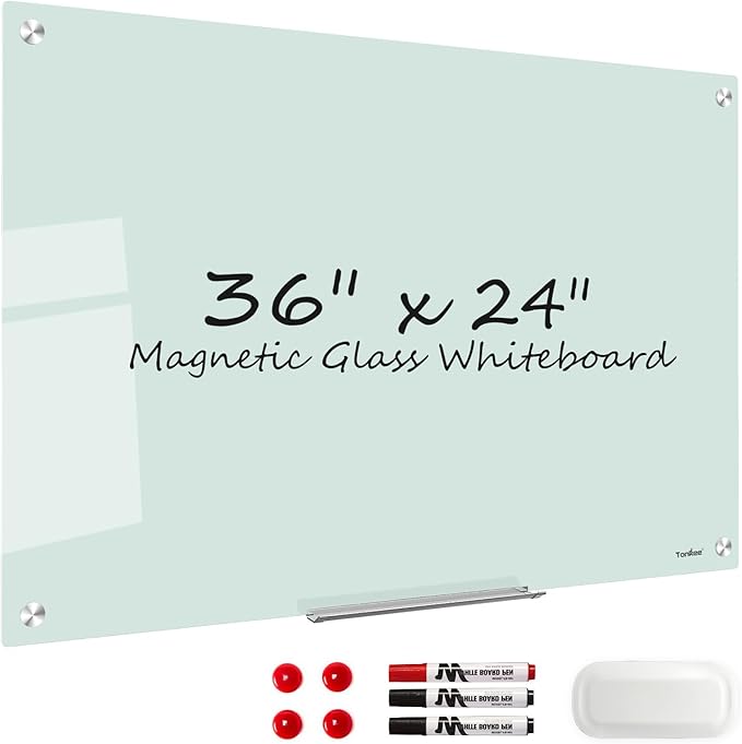 Glass Whiteboard Dry Erase Board - TANKEE Magnetic Glass White Board 36 x 24 Inches, Modern Large Frameless White Board for Wall, Office, Home, School, with Marker Tray, 3' x 2'
