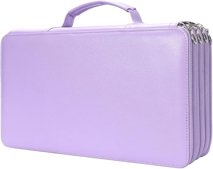 Vomgomfom 300 Slots Marker Bag, 4-Layer Zipper Portable Art Supply Organizer, PU Leather Large Capacity Marker Case Holds 100 Markers or 300 Colored Pencils with Handle (Purple)