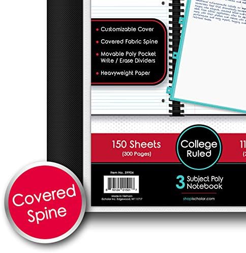 IQ+ iScholar 3-Subject Poly Cover Wirebound Notebook, College Ruled, 11 x 8.5 Inch, 150 Sheets, Red (59904-RE)